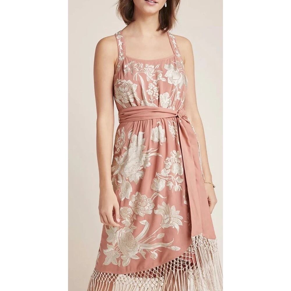 Anthropologie Embroidered Pink Fringe Dress Size 4 holiday party dress boho